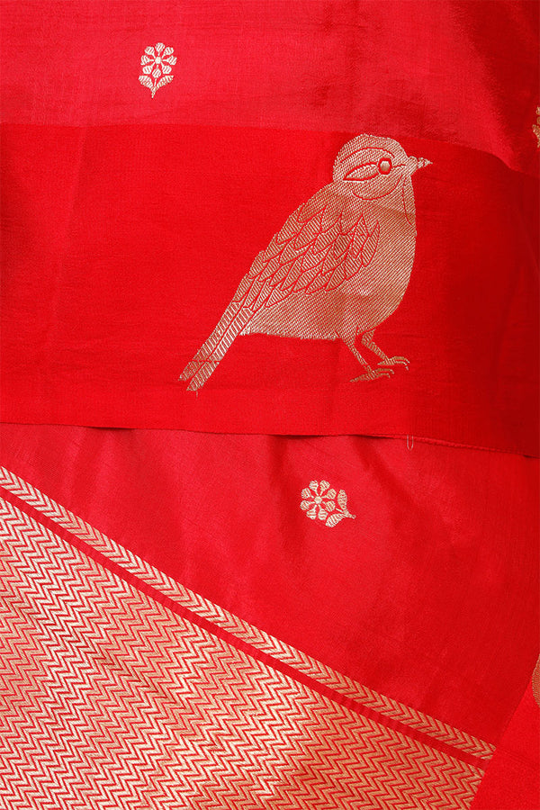 Red Banarasi Silk Dupatta with Zari Birds Motifs