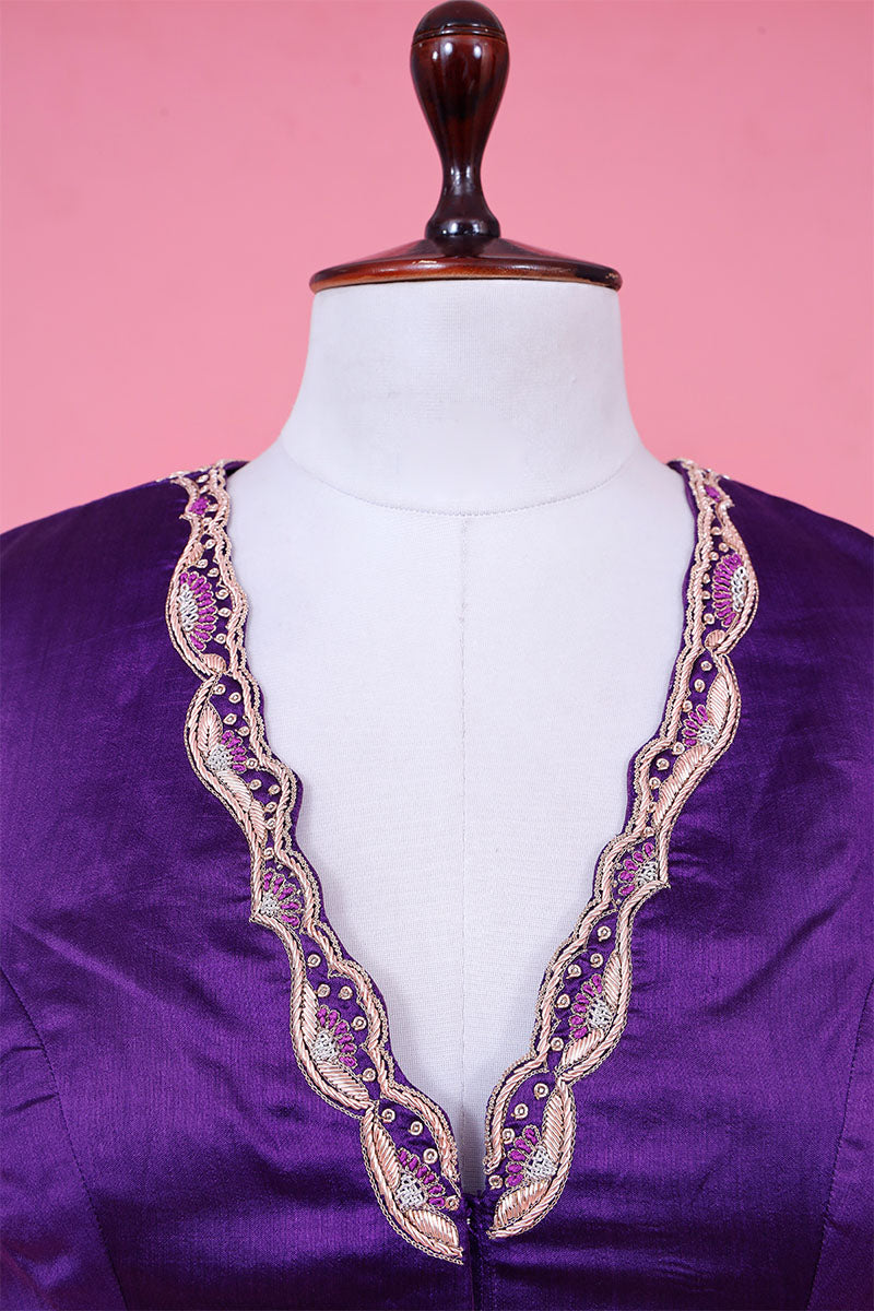 Dark Purple Chiniya Silk Banarasi Blouse with Zardozi Handwork