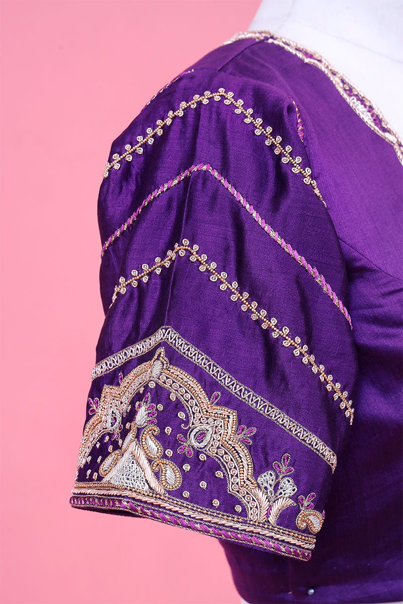 Dark Purple Chiniya Silk Banarasi Blouse with Zardozi Handwork