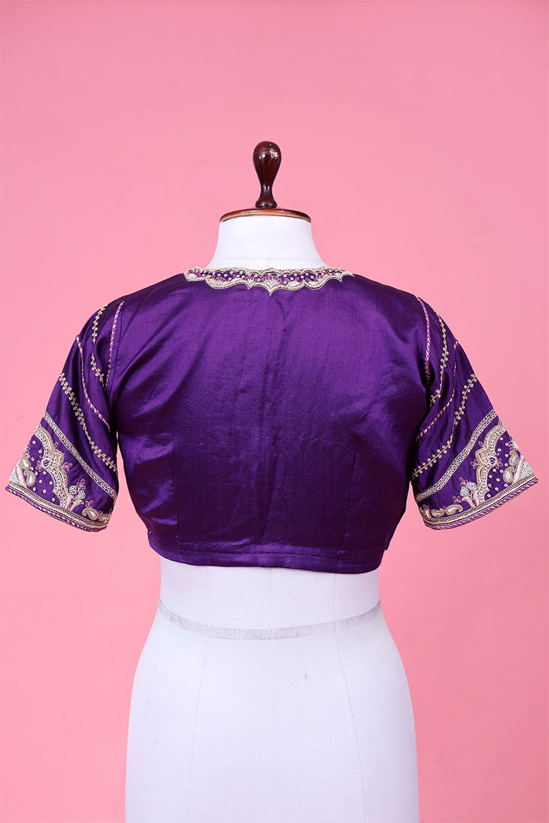 Dark Purple Chiniya Silk Banarasi Blouse with Zardozi Handwork