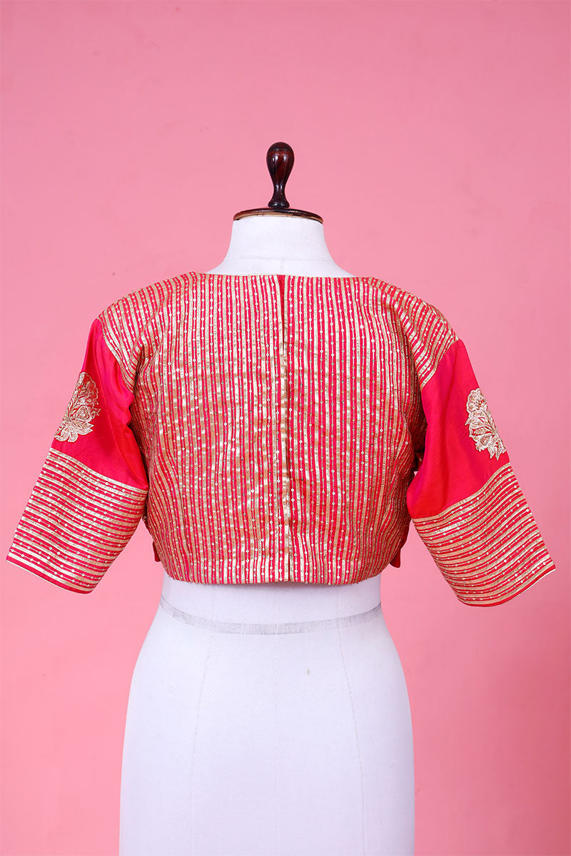 Pink Banarasi Blouse designed with Sequin Aari Work