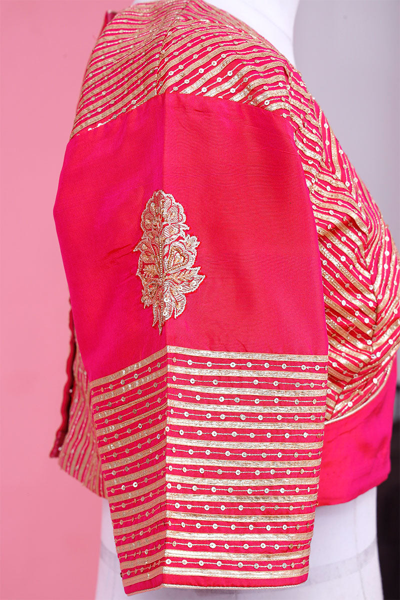 Pink Banarasi Blouse designed with Sequin Aari Work