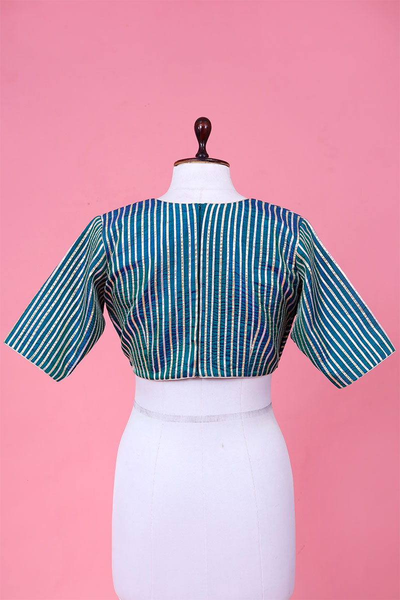 Green and Blue Banarasi Blouse designed with Gota Patti Stripes