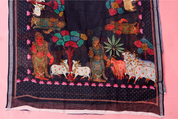 Black Linen Dupatta with Digital Printed Kalamkari Motifs