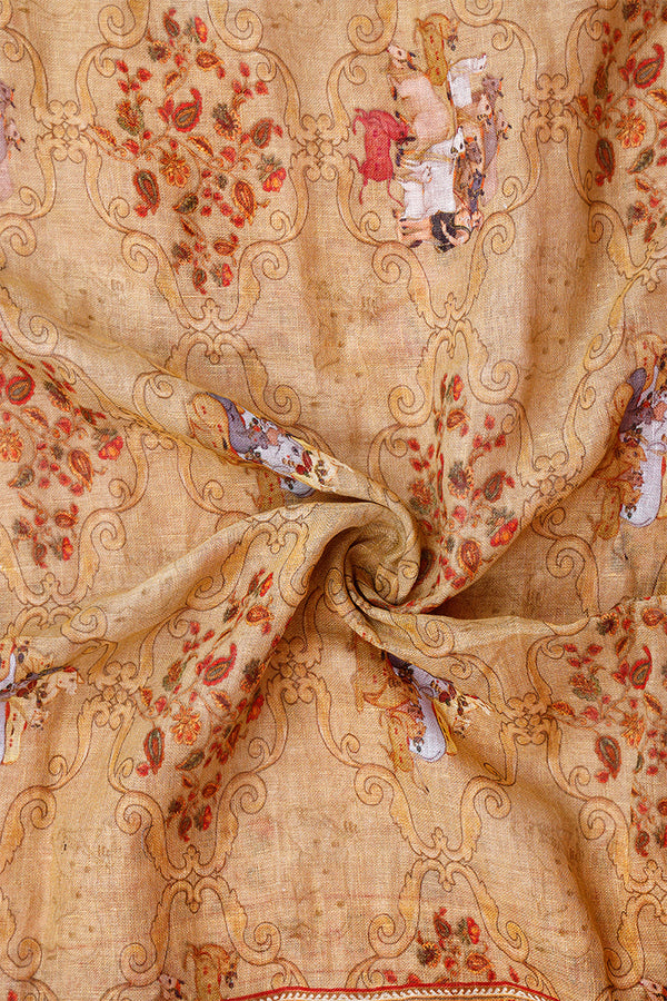 Apricot Brown Linen Dupatta with Digital Printed Pichwai Motifs