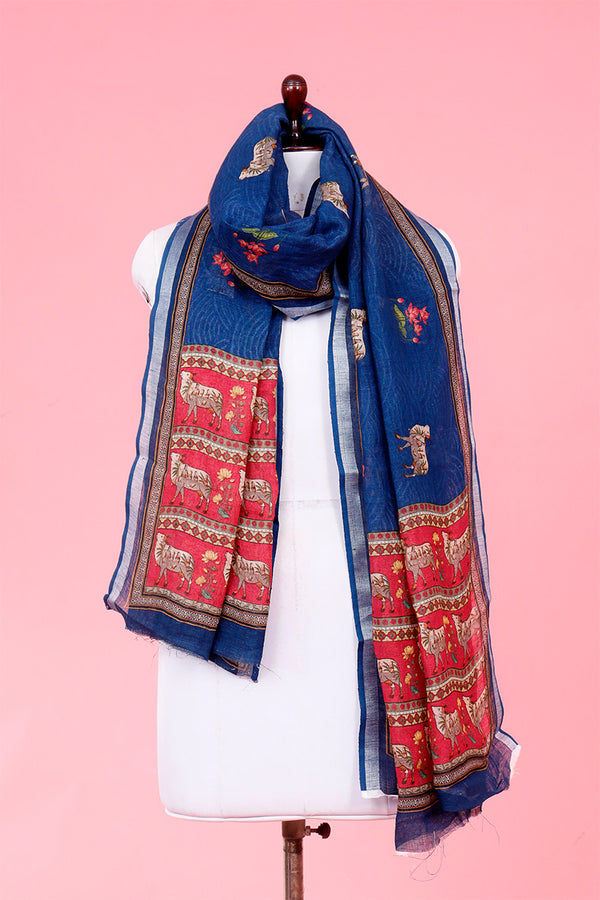 Dupatta, blue Dupatta​, Pichwai Dupatta, Dupatta for women, Printed Dupatta, Linen Dupatta​
