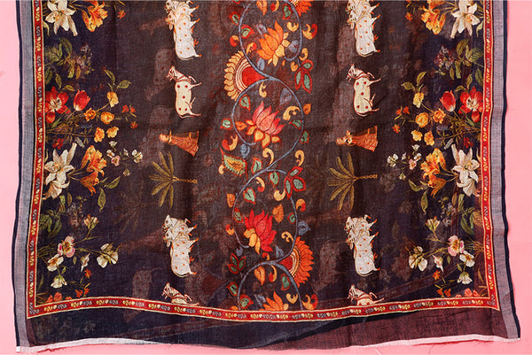 Black Linen Dupatta with Digital Printed Floral Motifs