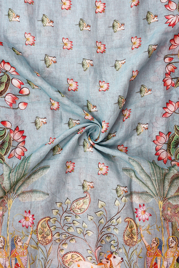 Powder Blue Linen Dupatta with Digital Printed Floral & Bird Motifs