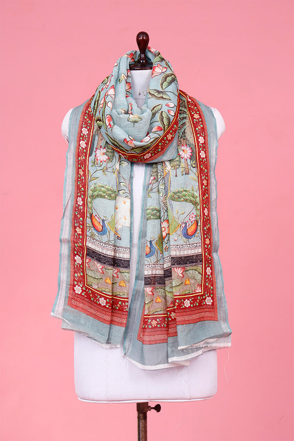 Dupatta, Powder Blue Dupatta​, Pichwai Dupatta, Dupatta for women, Printed Dupatta, Linen Dupatta​
