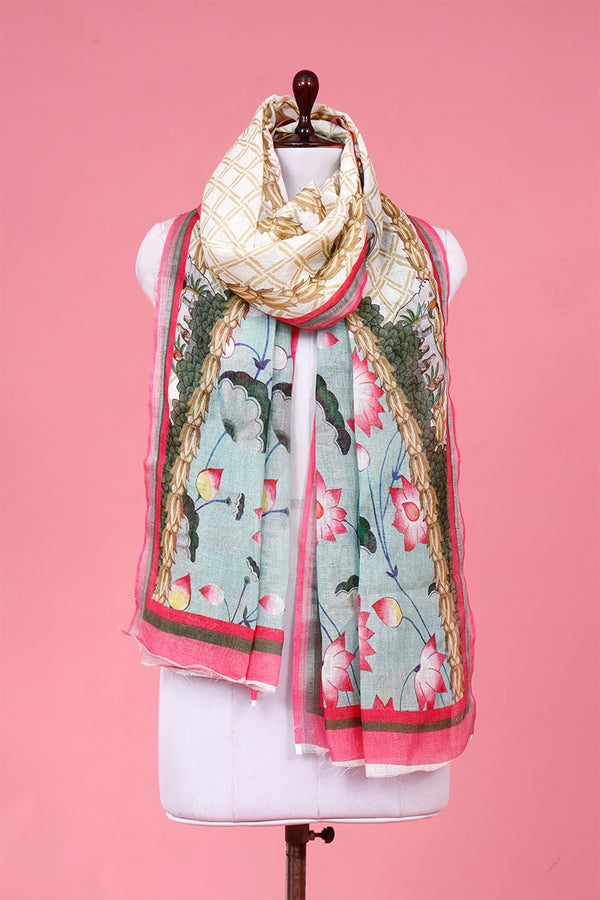 Dupatta, Beige Dupatta​, Pichwai Dupatta, Dupatta for women, Printed Dupatta, Linen Dupatta​
