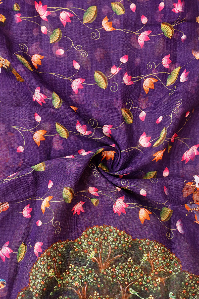 Deep Purple Linen Dupatta with Digital Printed Baluchari Motifs