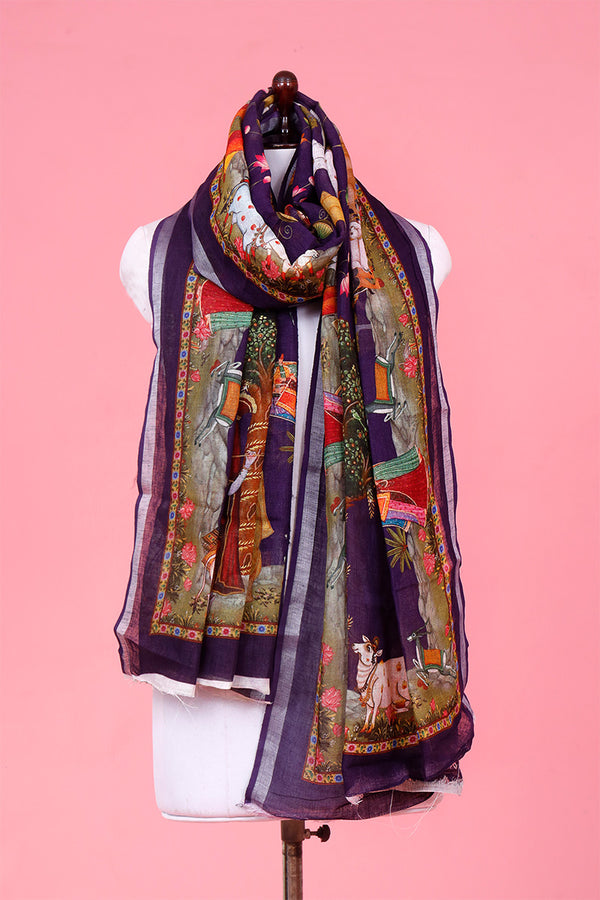 Dupatta, purple Dupatta​, Pichwai Dupatta, Dupatta for women, Printed Dupatta, Linen Dupatta​


