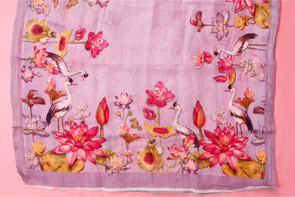 Lilac Linen Dupatta with Digital Printed Bird & Floral Motifs