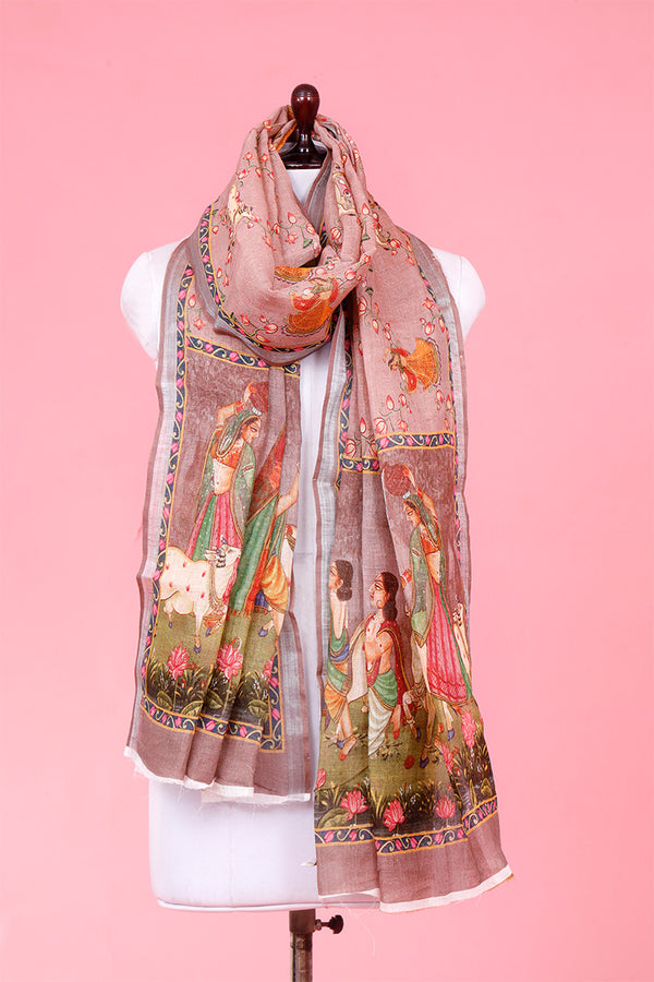 Dupatta, Rust Mauve Dupatta​, Pichwai Dupatta, Dupatta for women, Printed Dupatta, Linen Dupatta​
