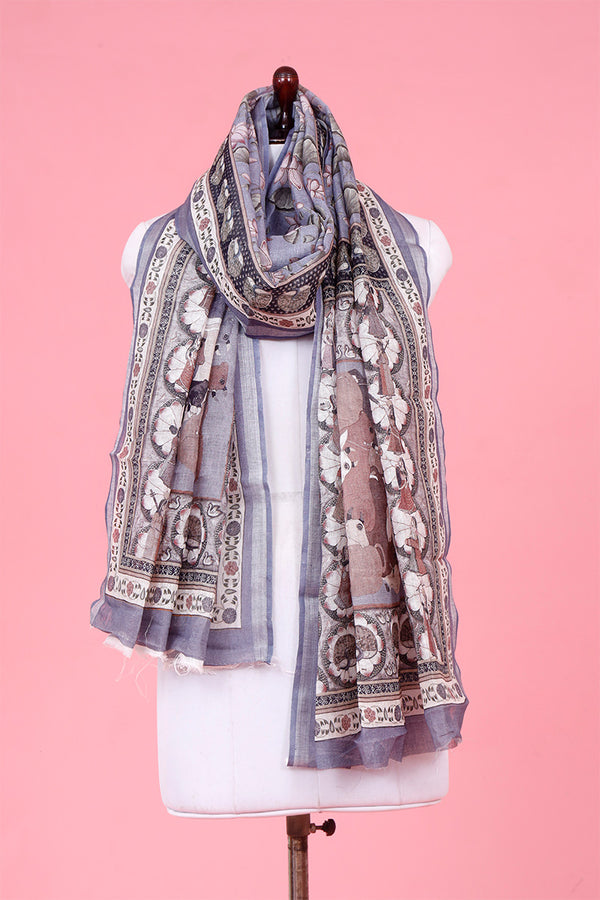 Dupatta, Grey Dupatta​, Pichwai Dupatta, Dupatta for women, Printed Dupatta, Linen Dupatta​
