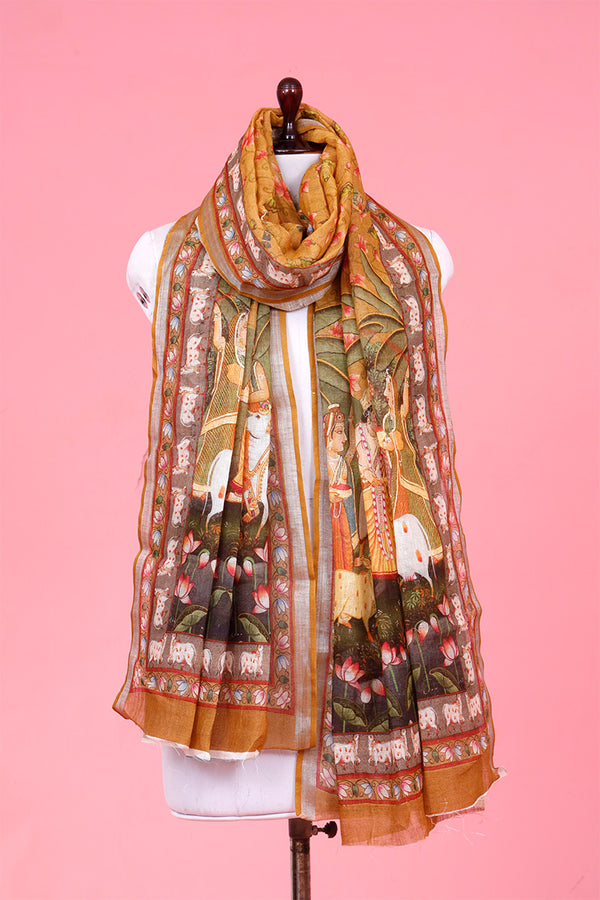 Dupatta,Deep Mustard Dupatta​, Pichwai Dupatta, Dupatta for women, Printed Dupatta, Linen Dupatta​
