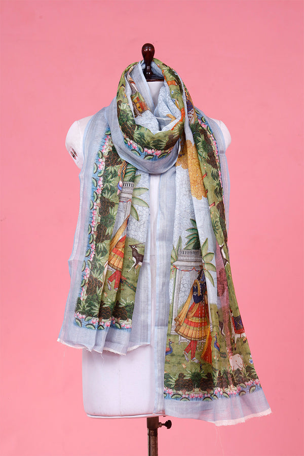 Dupatta,sky blue Dupatta​, Pichwai Dupatta, Dupatta for women, Printed Dupatta, Linen Dupatta​
