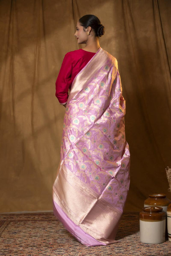 Baby Pink Handloom Banarasi Dupatta with Gold Zari Floral Jaal