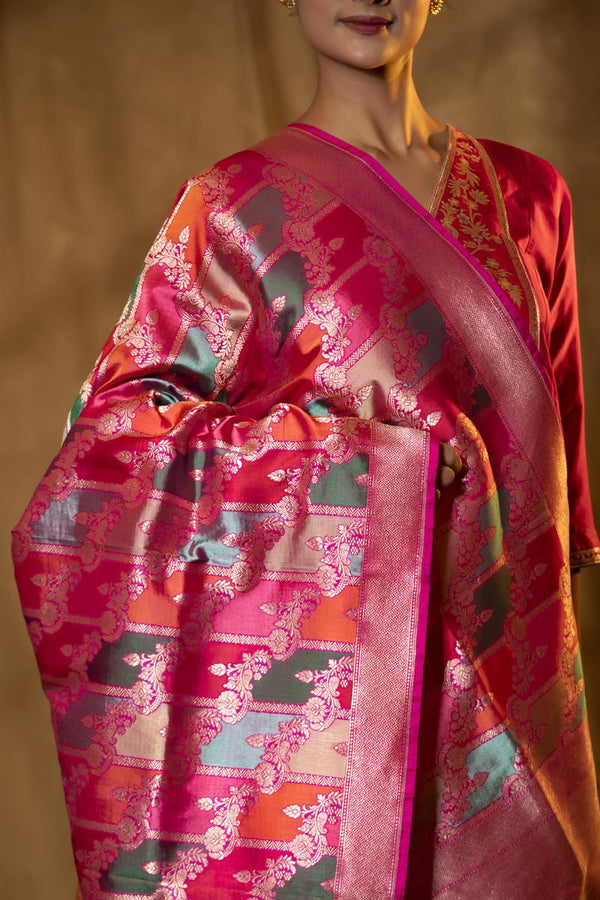 Magenta Pink Handloom Banarasi Dupatta with Rangkat Floral Work