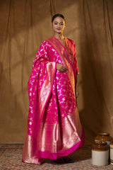 Fuchsia Pink Handloom Banarasi Dupatta with Gold Zari Floral Work