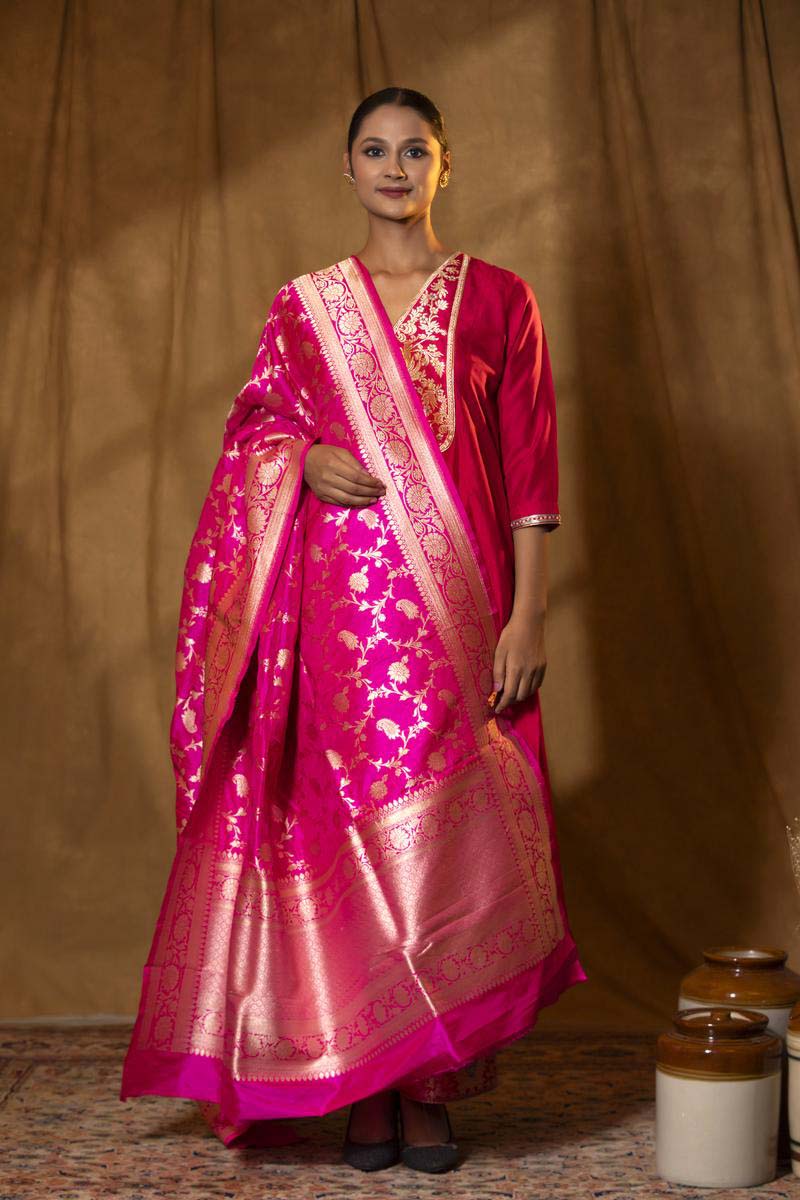 Fuchsia Pink Handloom Banarasi Dupatta with Gold Zari Floral Work