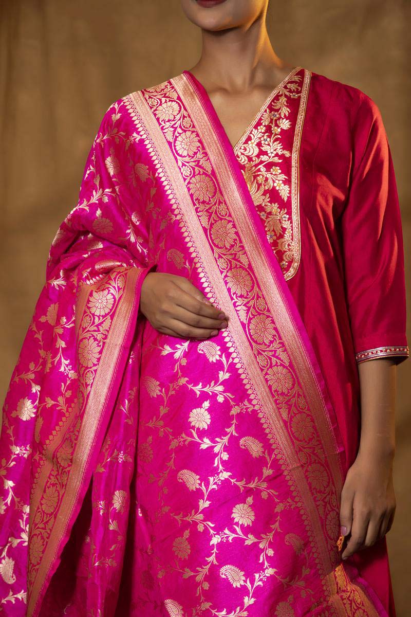 Fuchsia Pink Handloom Banarasi Dupatta with Gold Zari Floral Work