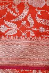 Orange-Red Handloom Katan Silk Dupatta with Gold Zari Floral Jaal