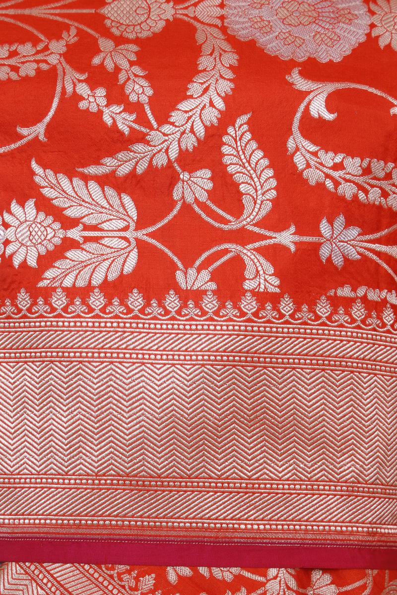 Orange-Red Handloom Katan Silk Dupatta with Gold Zari Floral Jaal