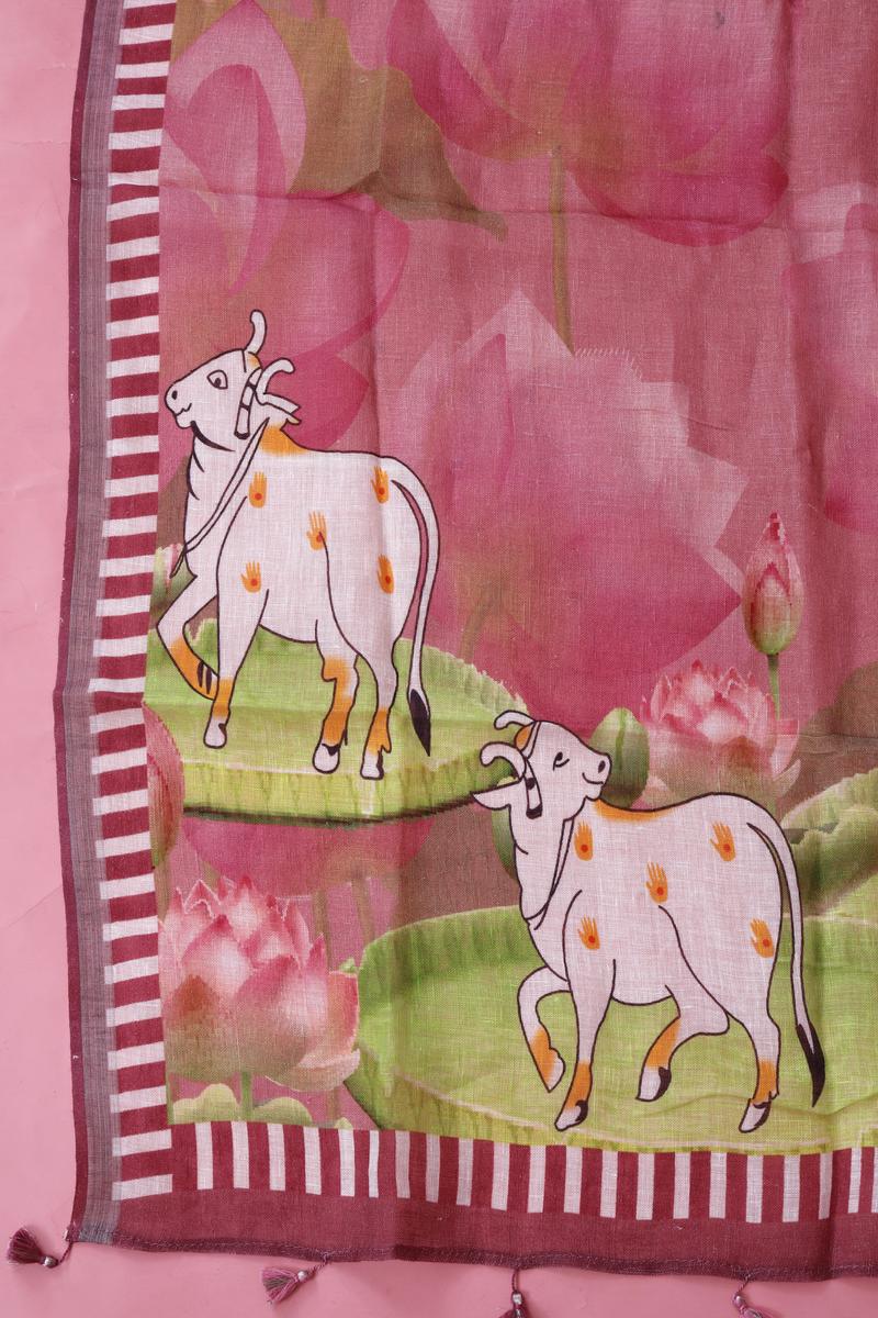 Dusty Pink Pichwai Print Pure Linen Dupatta