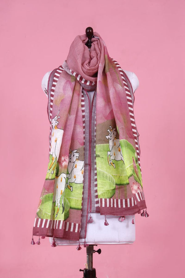 Dupatta, pink Dupatta​, Pichwai Dupatta, Dupatta for women, Printed Dupatta, Linen Dupatta​
