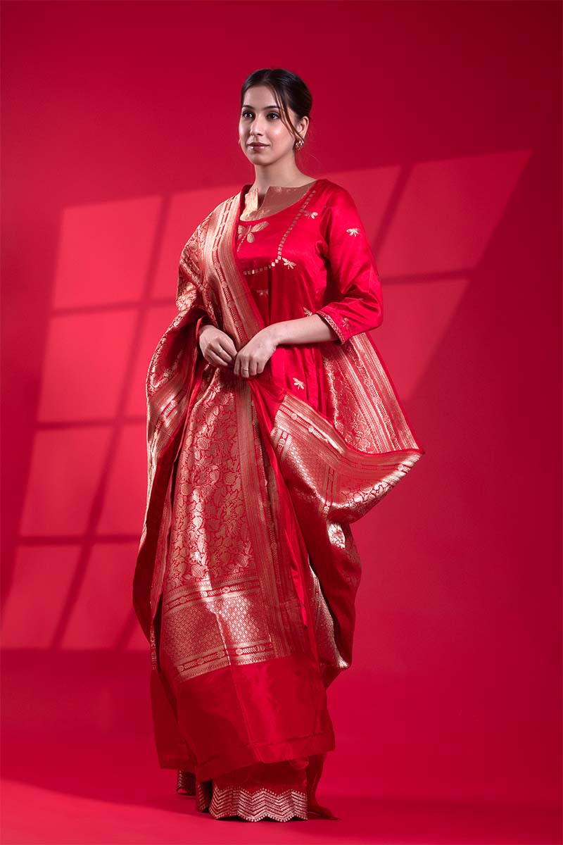 Red Katan Silk Banarasi Dupatta with Shikargah Brocade Jaal