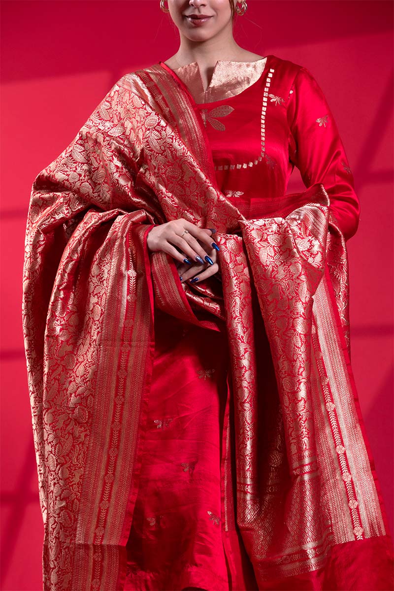 Red Katan Silk Banarasi Dupatta with Shikargah Brocade Jaal