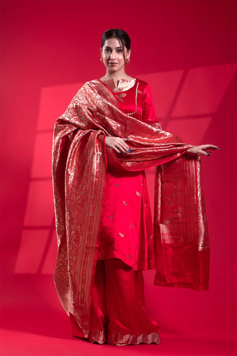 Red Katan Silk Banarasi Dupatta with Shikargah Brocade Jaal