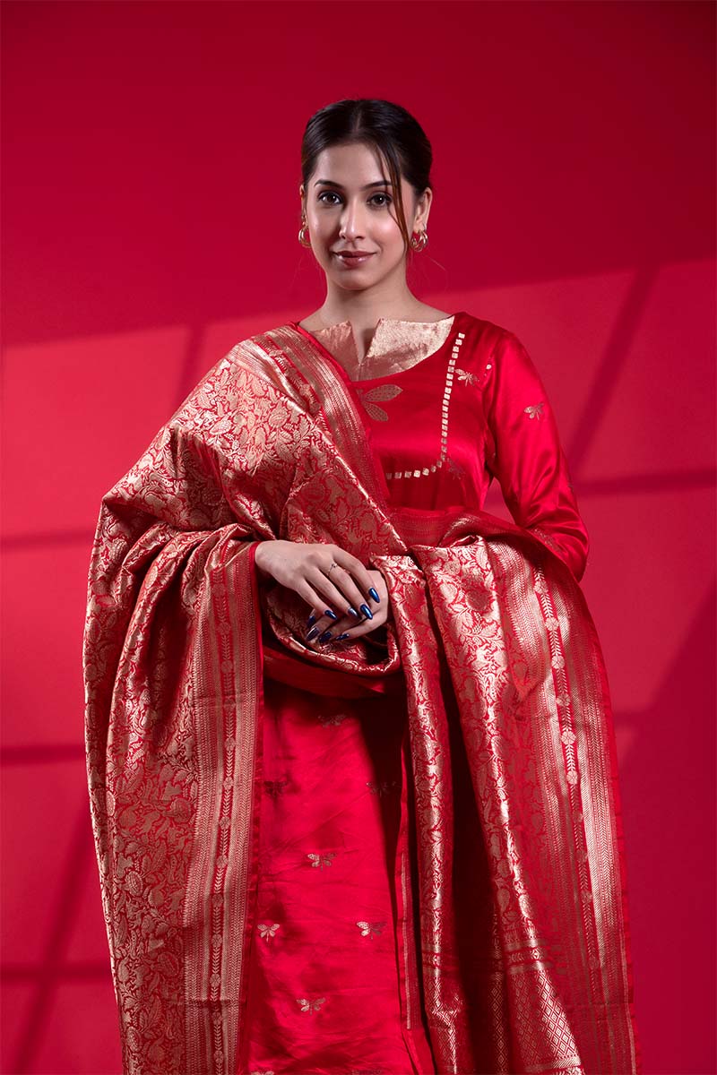 Red Katan Silk Banarasi Dupatta with Shikargah Brocade Jaal