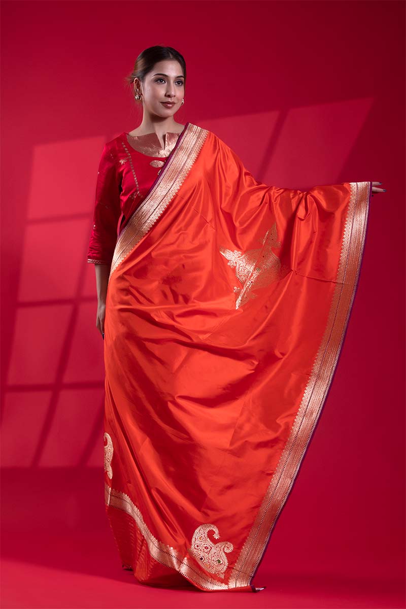 Saffron Banarasi Dupatta with Gold Zari Ethnic Motifs