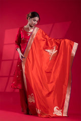 Saffron Banarasi Dupatta with Gold Zari Ethnic Motifs