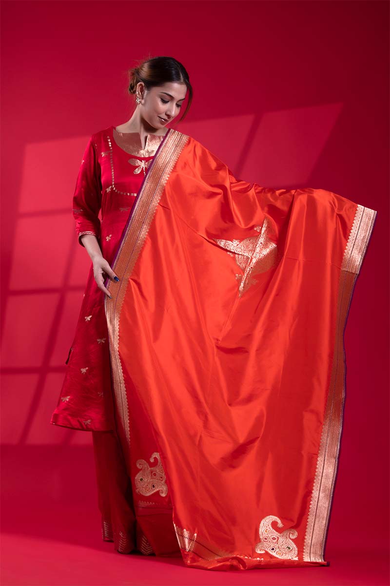 Saffron Banarasi Dupatta with Gold Zari Ethnic Motifs