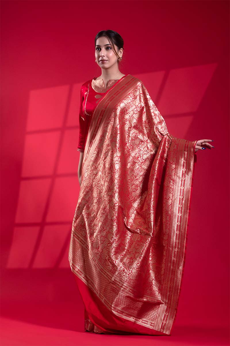 Deep Red Banarasi Dupatta with Gold Zari Pichwai Jaal Work