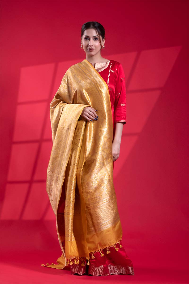 Yellow Banarasi Dupatta with Gold Zari Pichwai Jaal Work