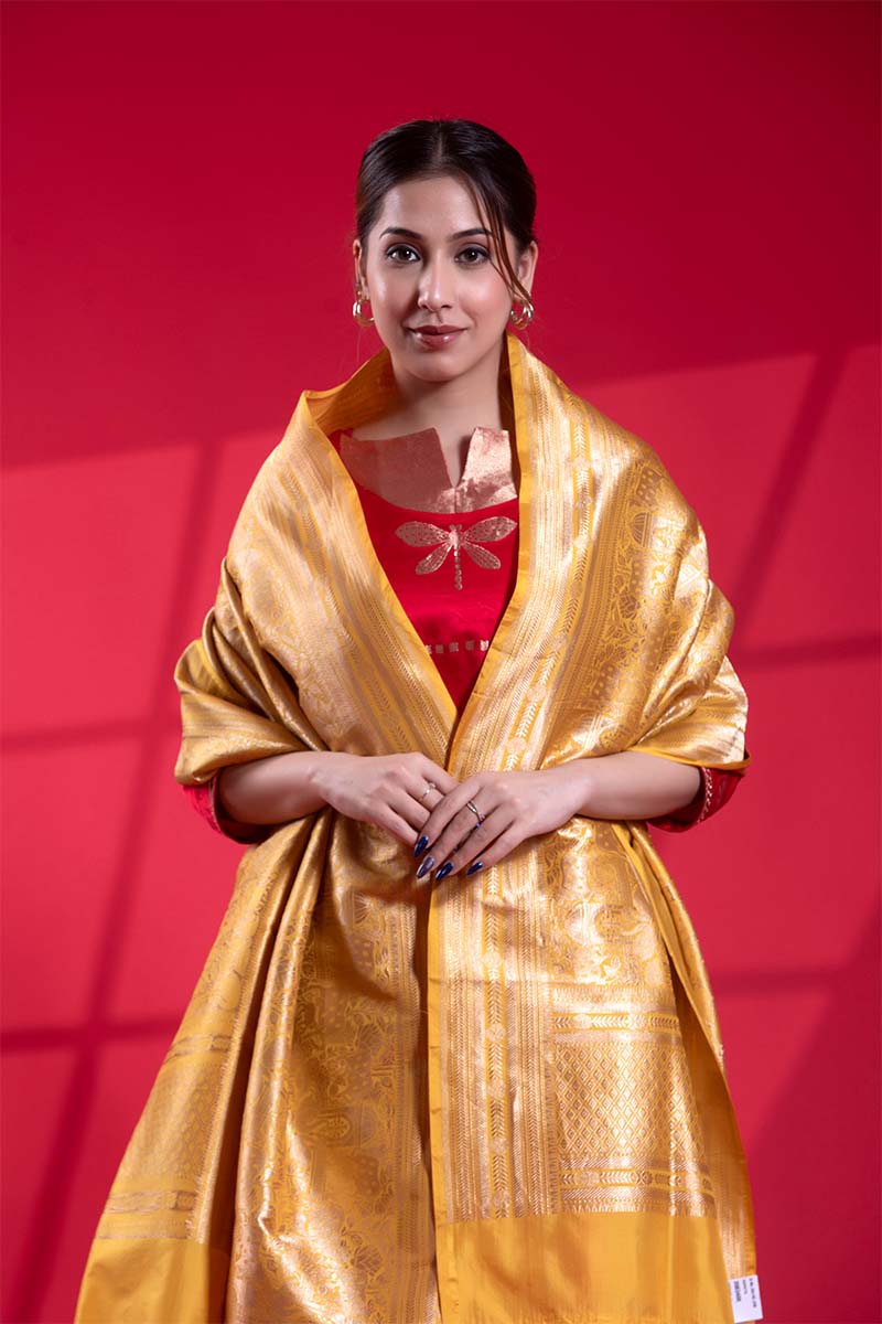 Yellow Banarasi Dupatta with Gold Zari Pichwai Jaal Work