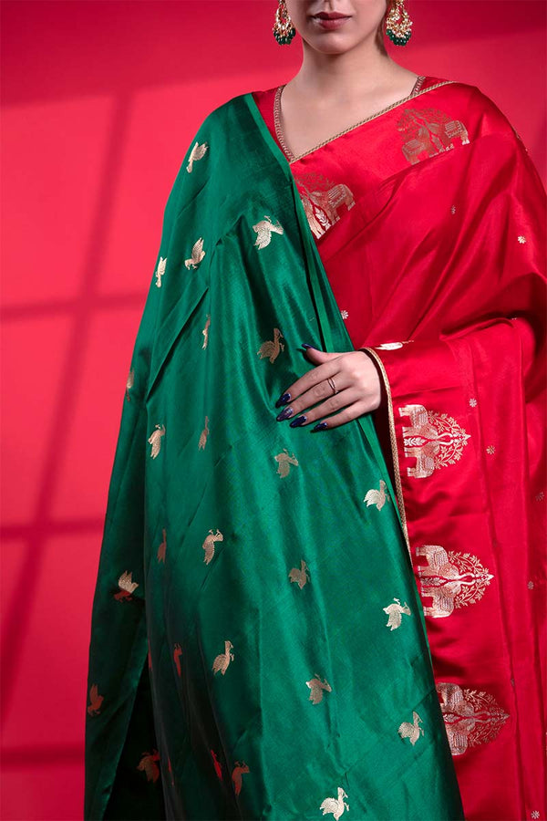 Green  Banarasi Puna Silk Dupatta with Bird Motifs