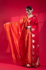 Saffron Banarasi Puna Silk Dupatta with Bird Motifs