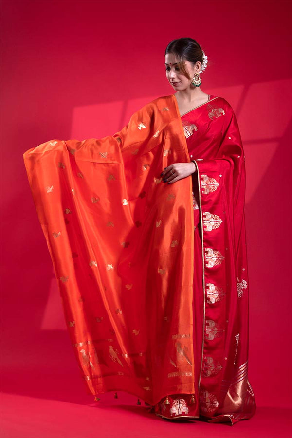 Saffron Banarasi Puna Silk Dupatta with Bird Motifs