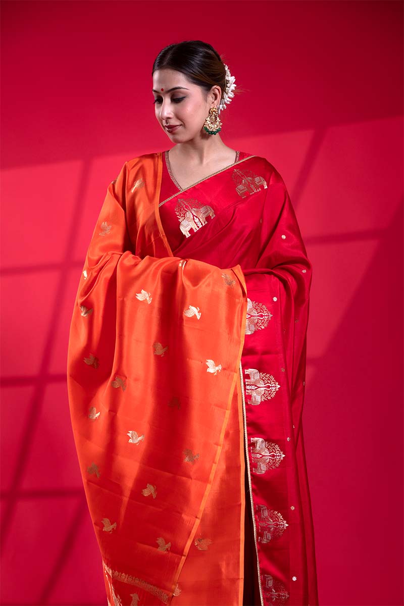 Saffron Banarasi Puna Silk Dupatta with Bird Motifs