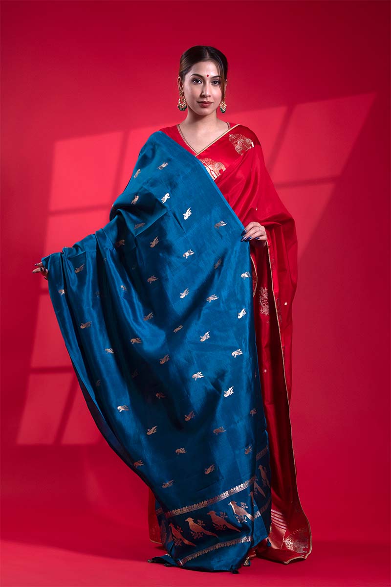 Blue Banarasi Puna Silk Dupatta with Bird Motifs