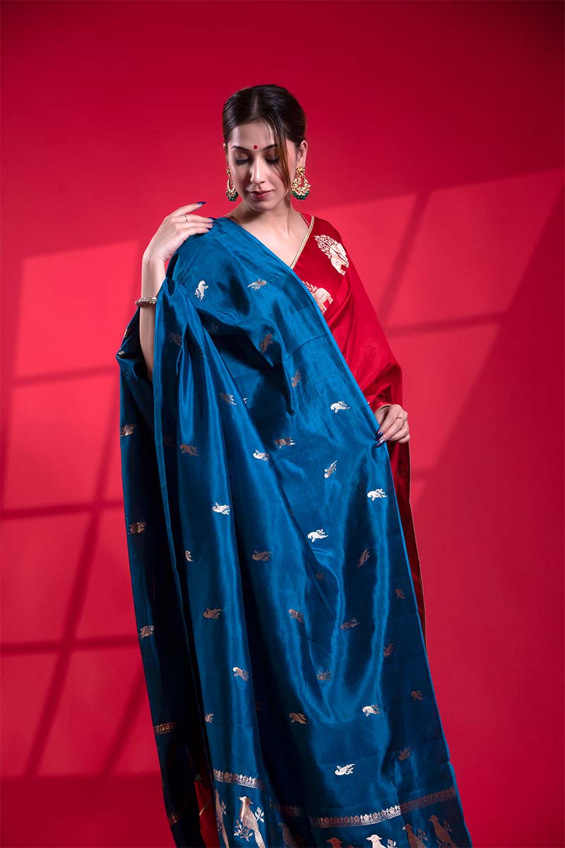 Blue Banarasi Puna Silk Dupatta with Bird Motifs