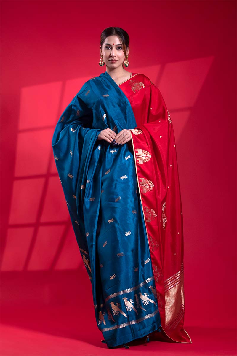 Blue Banarasi Puna Silk Dupatta with Bird Motifs