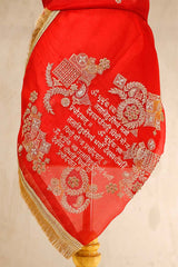 Red Organza Dupatta with Gayatri Mantra Hand Embellishments