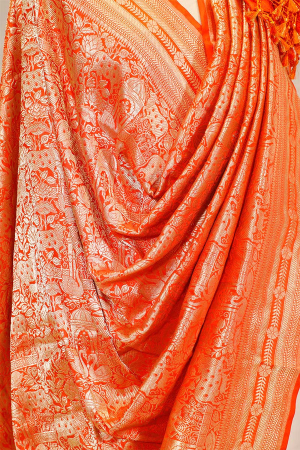 Orange Banarasi Dupatta with Gold Zari Pichwai Jaal Work