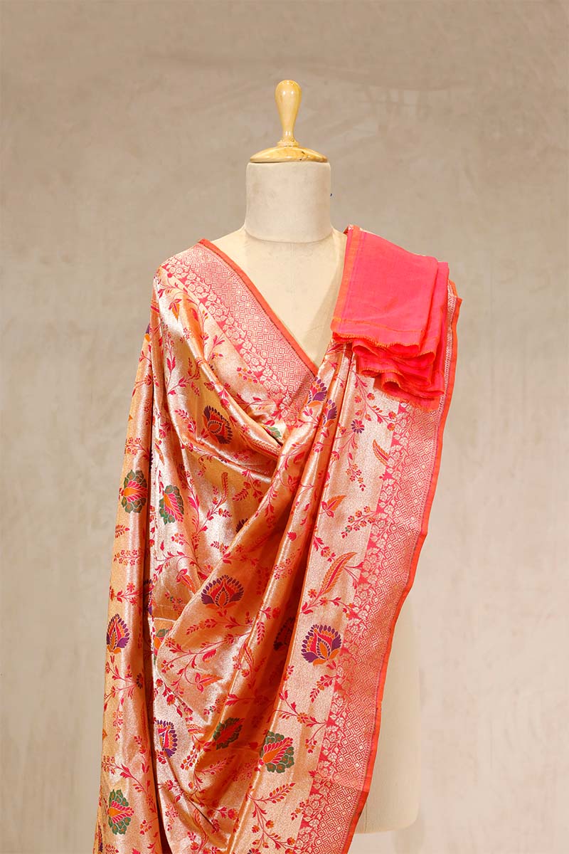 Pink Banarasi Dupatta with Gold Zari Floral Jaal